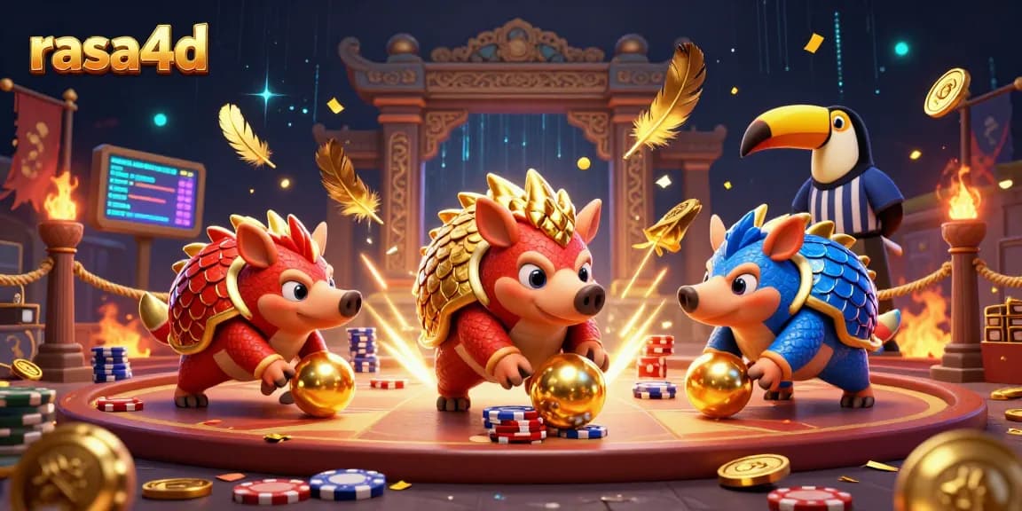 Rasa4d menampilkan pangolin bertarung di arena kasino yang meriah dengan elemen taruhan.