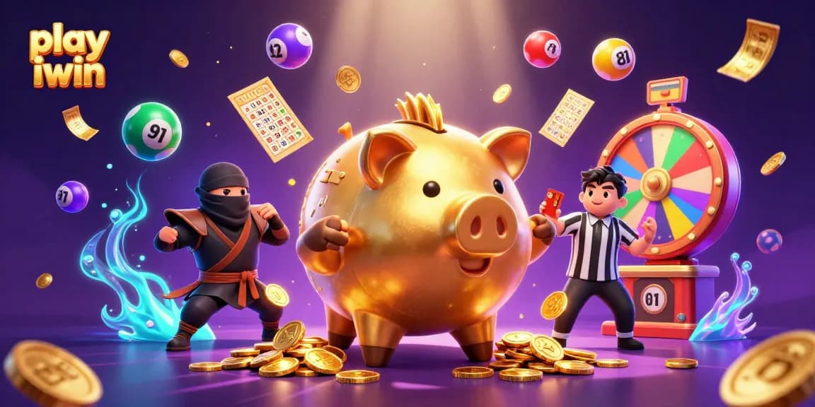 Play iwin with the golden piggy bank sumo wrestler and vibrant lottery elements in a dynamic scene.