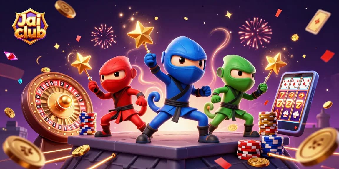 Engage with Jai club's dynamic casino scene featuring ninja chameleons amidst a flurry of casino elements.