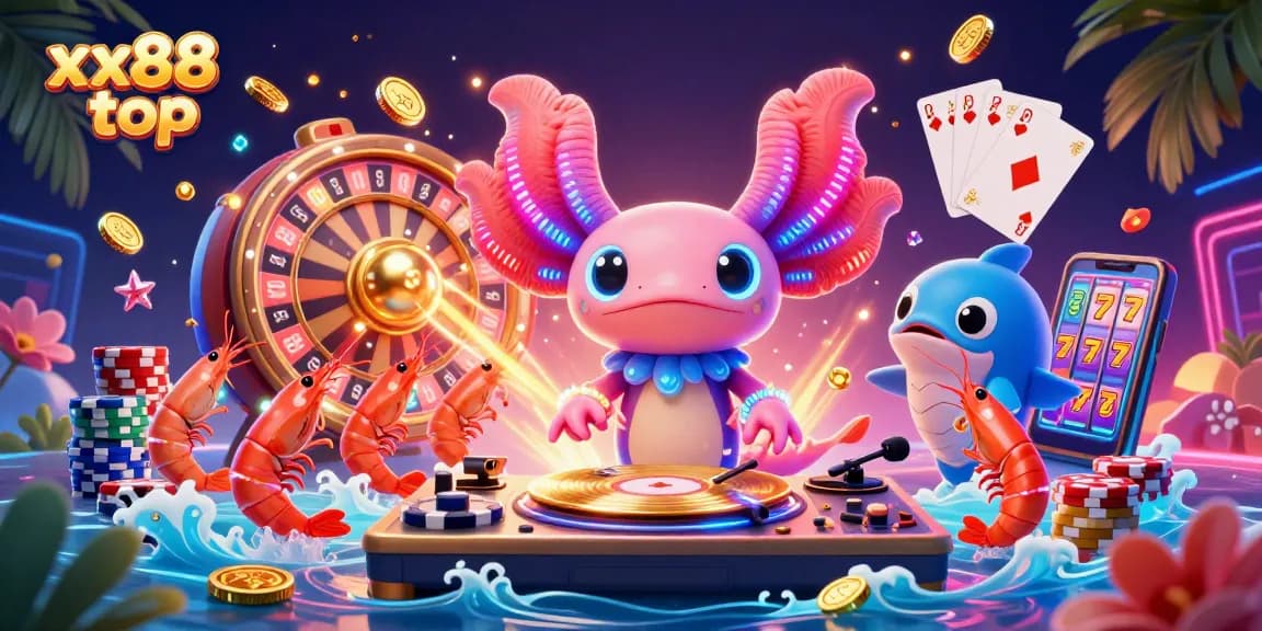 Experience the excitement at xxx88 top casino with a dynamic axolotl DJ and colorful game elements.