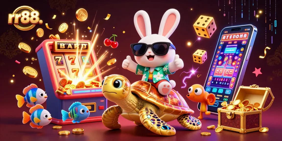 Spin jackpots and discover thrilling games at rr88. with cartoon characters in a vibrant casino scene.