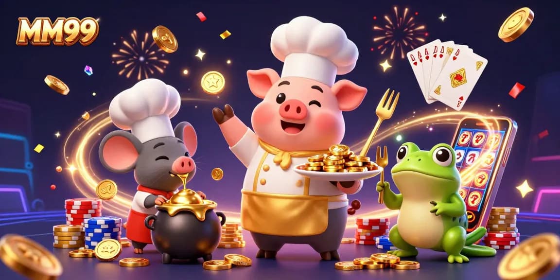 Experience MM99's thrilling gaming with vibrant characters, gold coins, and casino elements