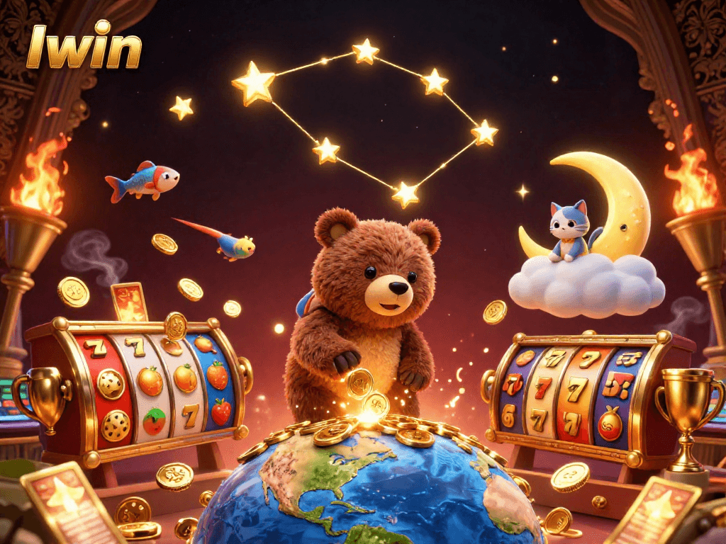 Iwin bears the jackpot as golden coins scatter from slots in this vibrant casino scene.