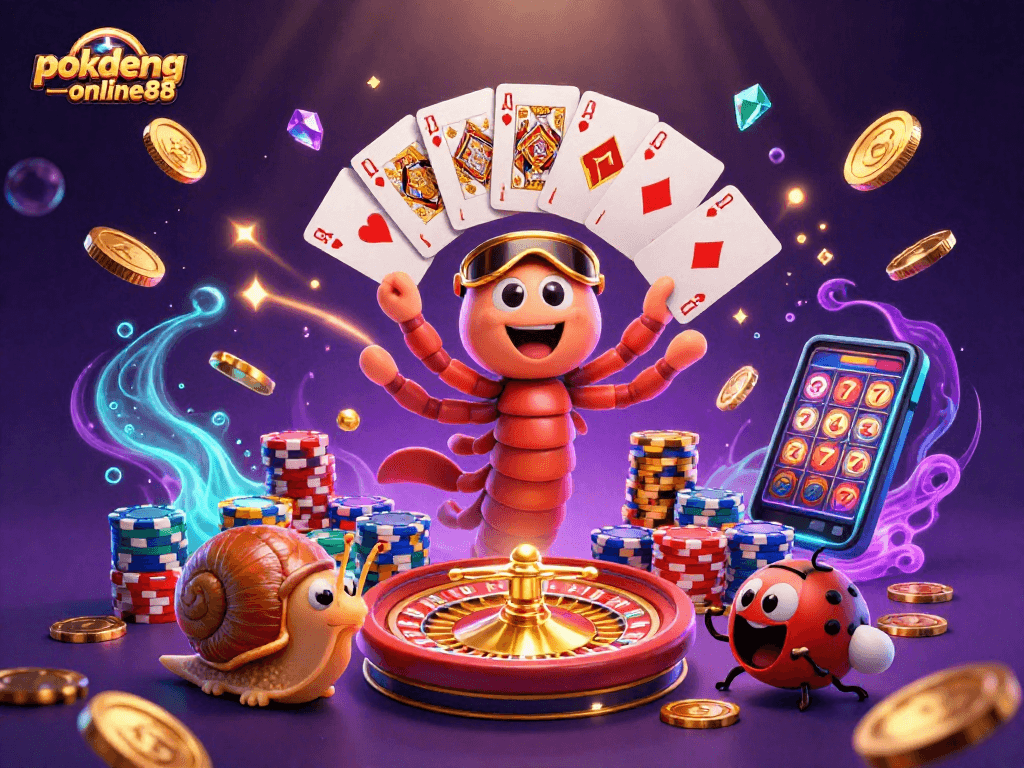 Engage in thrilling gameplay at pokdeng-online88 with cartoon characters, vibrant cards, and casino excitement.