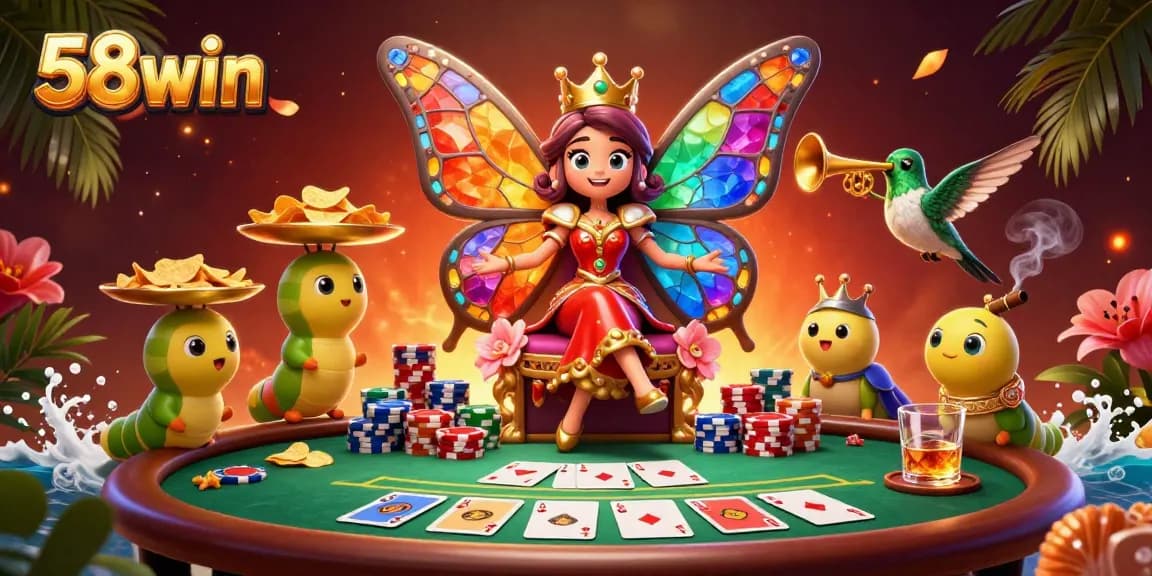 Engage with the vibrant 58win casino scene featuring the butterfly queen and poker chips amidst a lively atmosphere.