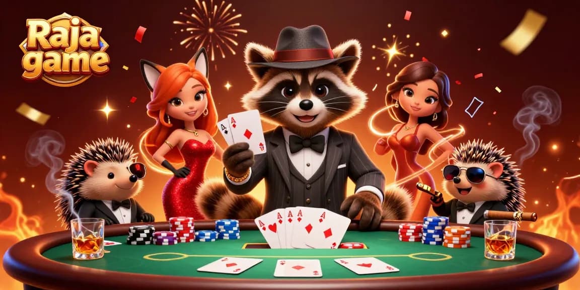 Experience excitement at Raja game with colorful poker elements and charming animated characters.