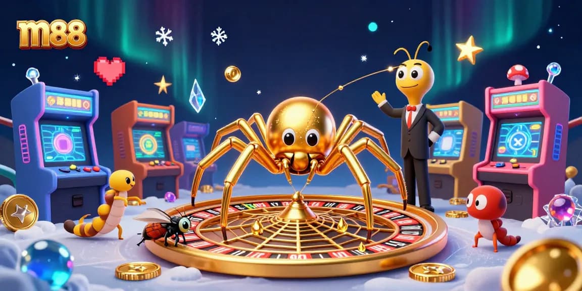 Engage with m88's exciting online casino atmosphere featuring a golden spider and vibrant arcade games.