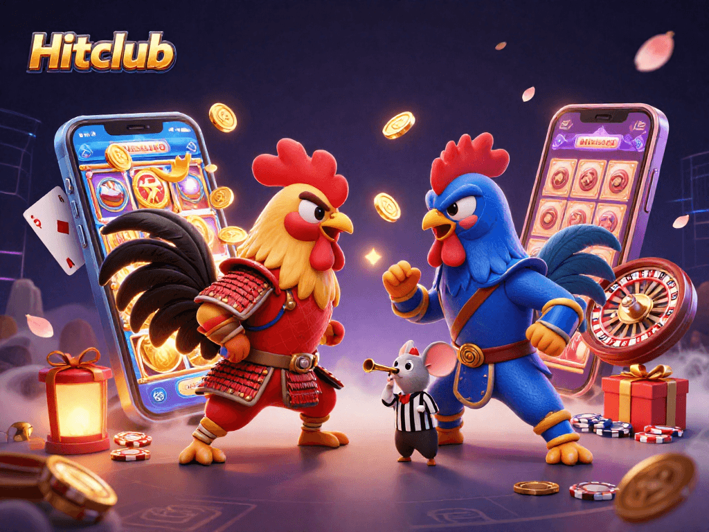 Hitclub features twin roosters in combat with dynamic casino elements, showcasing a vibrant gambling scene.