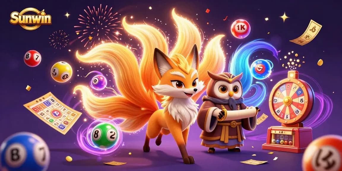 Engage in thrilling gameplay with Sunwin as a colorful fox spirit, owl sage, lottery elements, and game symbols abound.