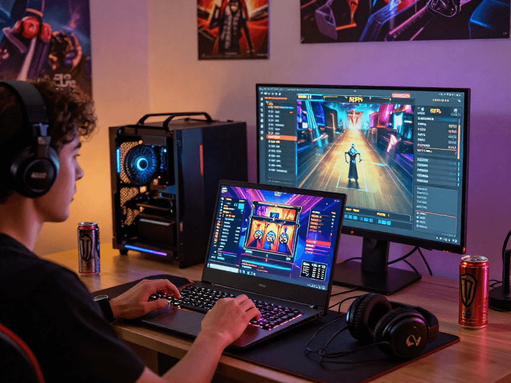 Bermain slot88 online dengan laptop gaming canggih dan gaming peripherals berwarna-warni.
