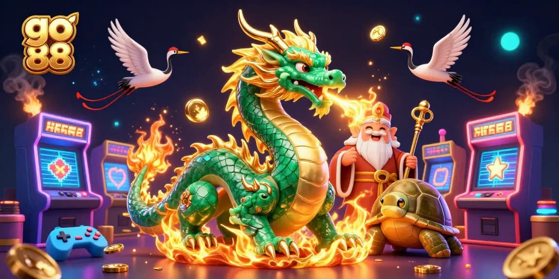Engage with go 88 action as a powerful jade dragon and wise turtle bring luck in a vivid casino scene.