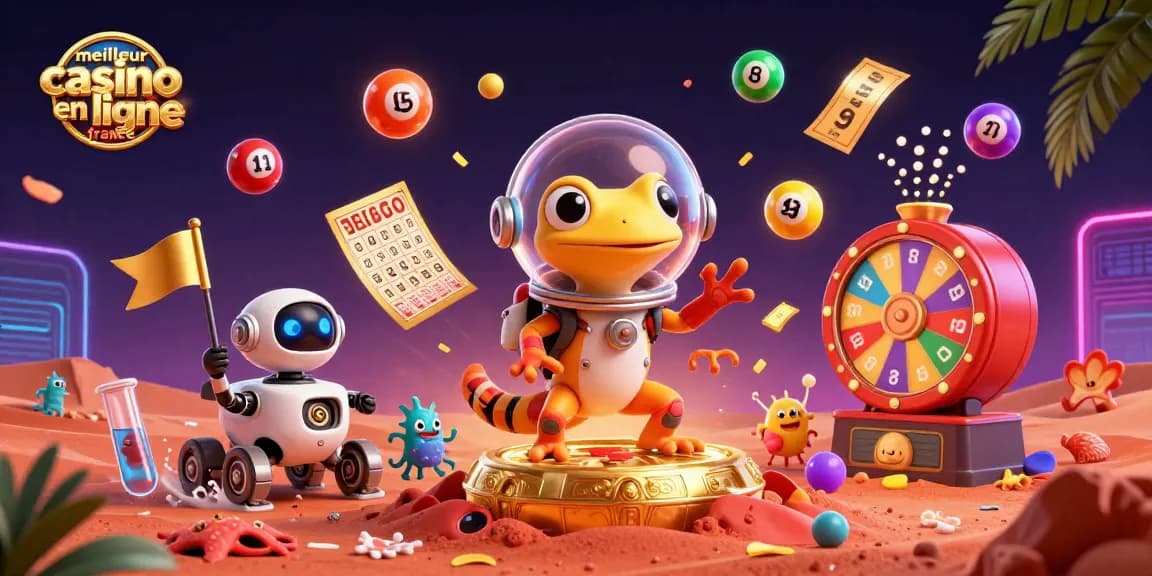 Visitez le meilleur casino en ligne France avec une illustration 3D dynamique d'un gecko martien et des jeux.