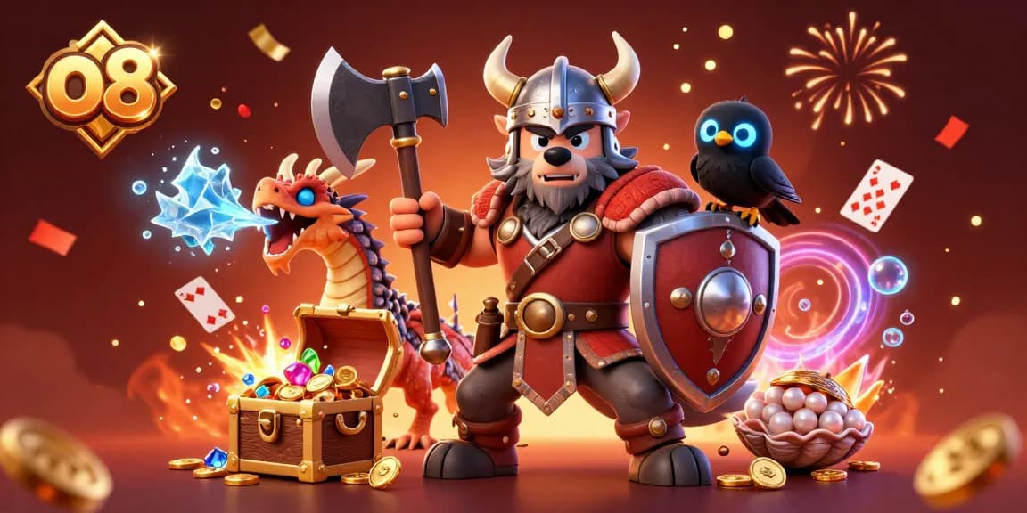Experience thrilling gameplay at o8 with engaging characters and vibrant casino elements surrounding the Viking wolf warrior.