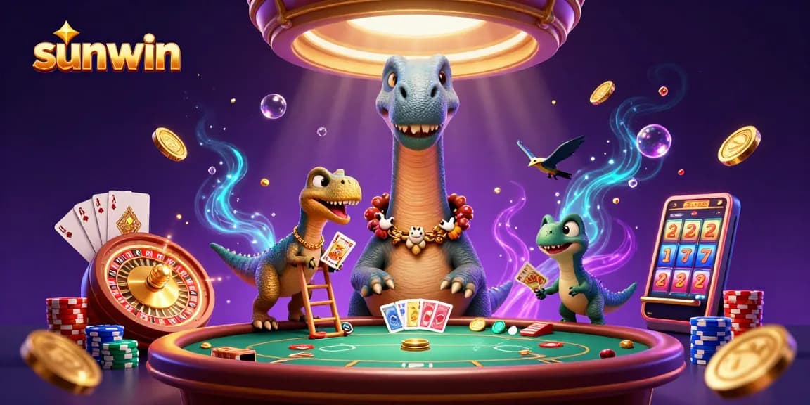sunwin offers gamblers a vibrant 3D scene with a card-dealing raptor and a towering brontosaurus