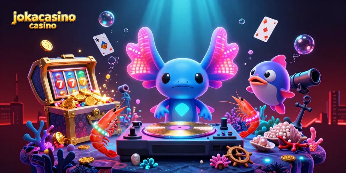 Experience the vibrant jokacasino casino with a DJ axolotl and dancing shrimp in this dynamic underwater scene.