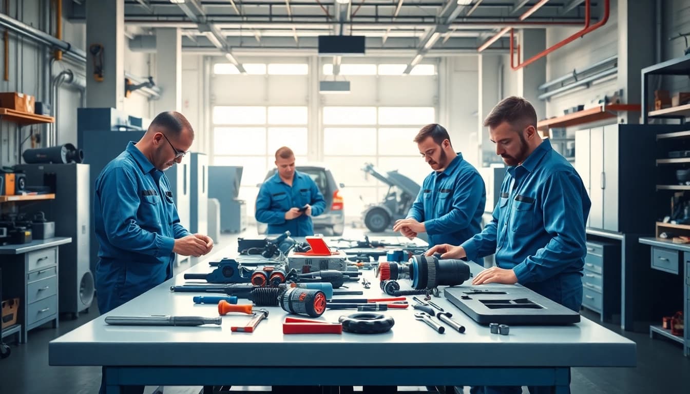 Technicians providing equipment service in a workshop with modern machinery.