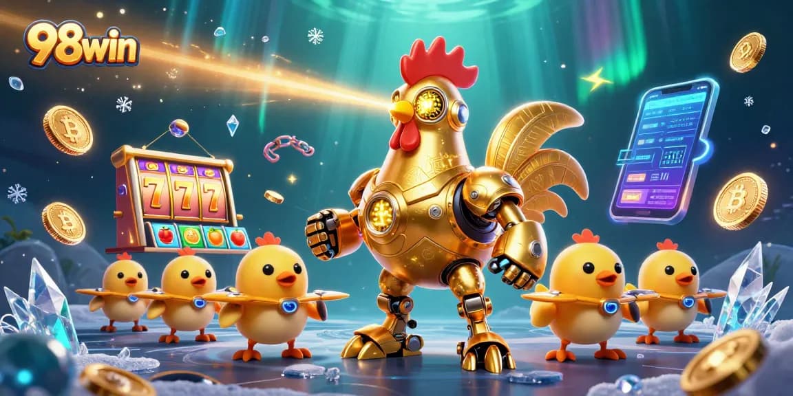 Spin the reels at 98win while enjoying vivid 3D illustration featuring a golden rooster robot and baby chick drones