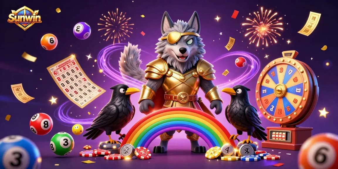 Sunwin features an Odin wolf and ravens in a dynamic casino-themed 3D illustration, symbolizing luck and opportunity.