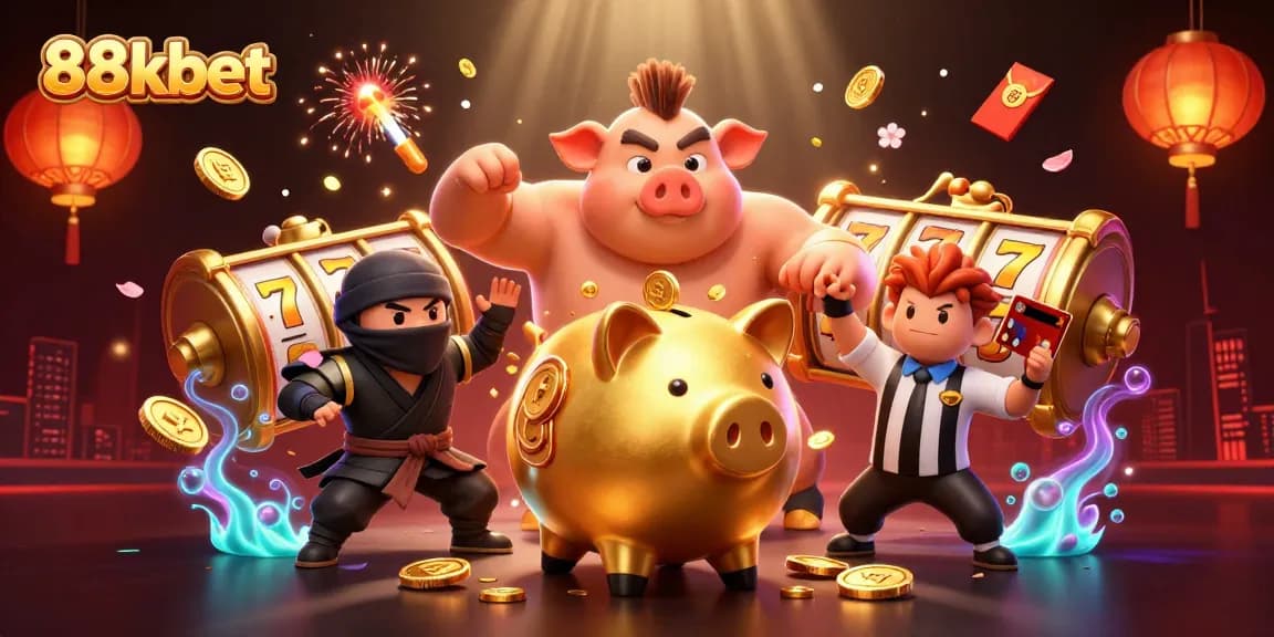 Experience big wins with 88kbet as the golden piggy bank sumo wrestler shakes coins in an exciting match.