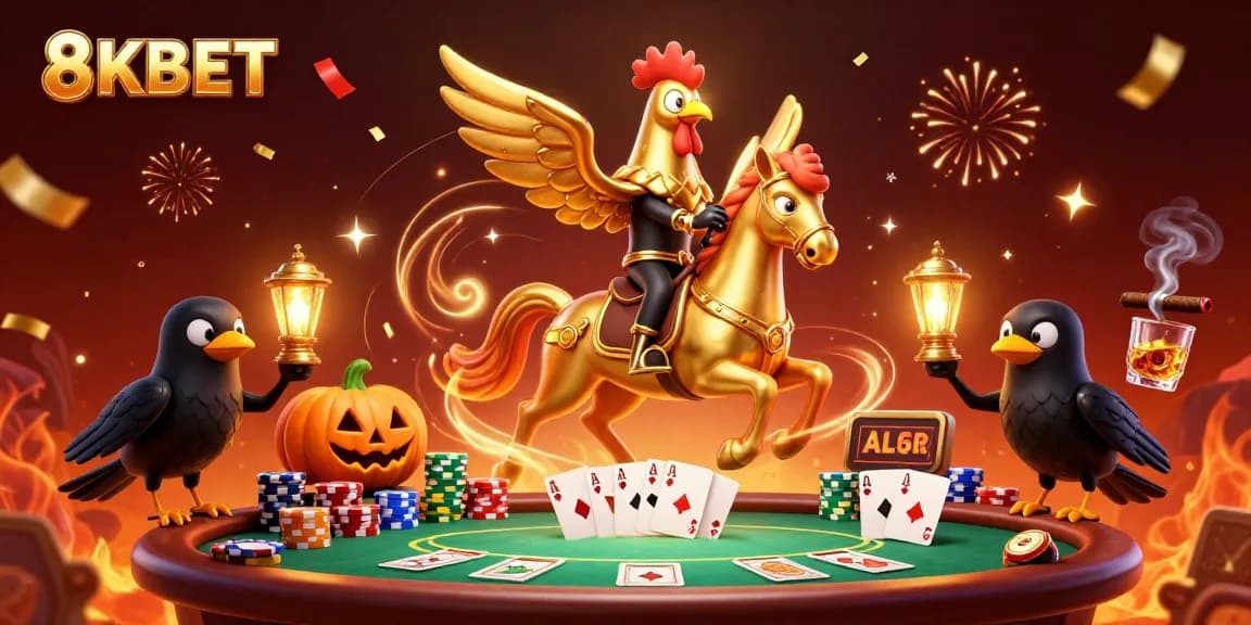 Experience vibrant gameplay in 8KBET with a surreal 3D casino scene of a golden rooster and companions.