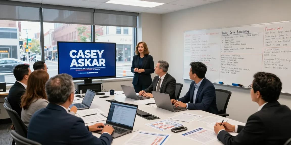 Casey Askar campaign team analyzing records within a vibrant office setting