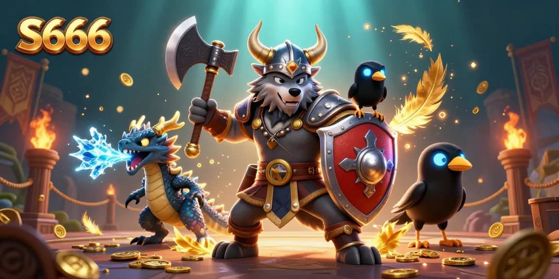 S666 casino adventure featuring a Viking wolf warrior, fierce dragon, and glowing raven in a dynamic gambling scene.