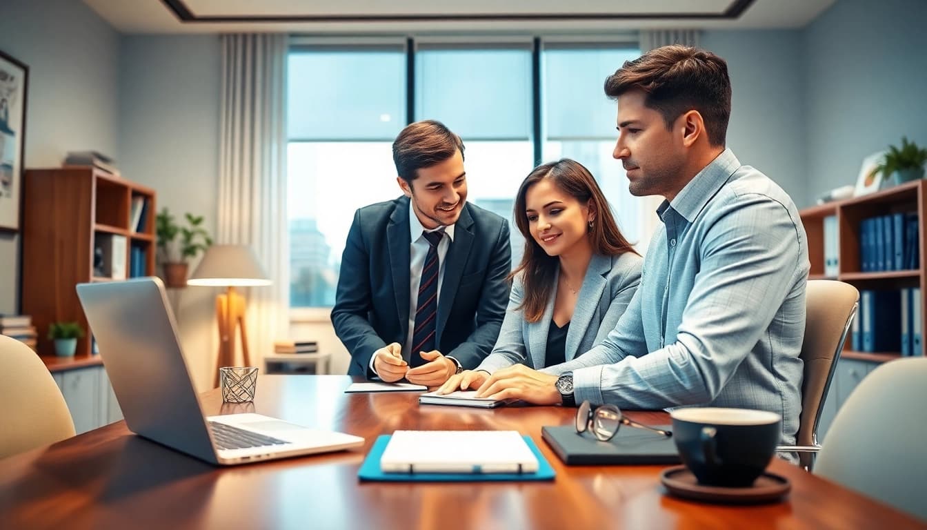 Engaging scene of Career coaching with a professional coach guiding a client in a bright office.