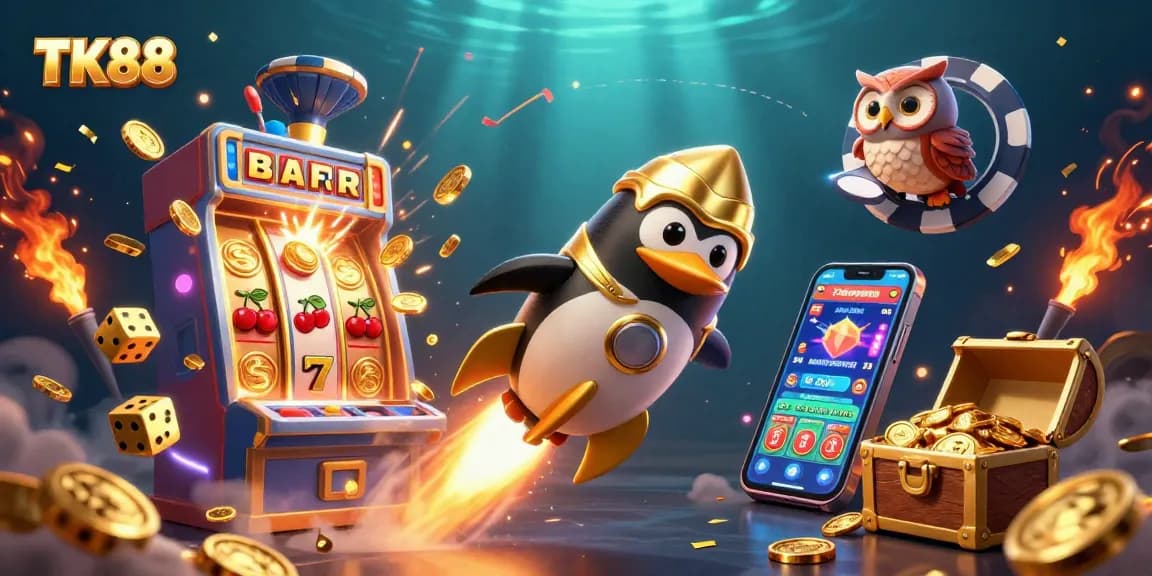 Win big with TK88 at the casino, featuring a golden penguin and vibrant slot machine in action.