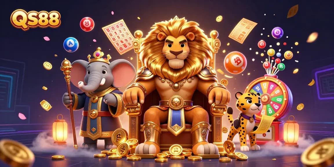 Engage with an exciting QS88 gaming atmosphere featuring a majestic lion king, elephant advisor, and dynamic game elements.
