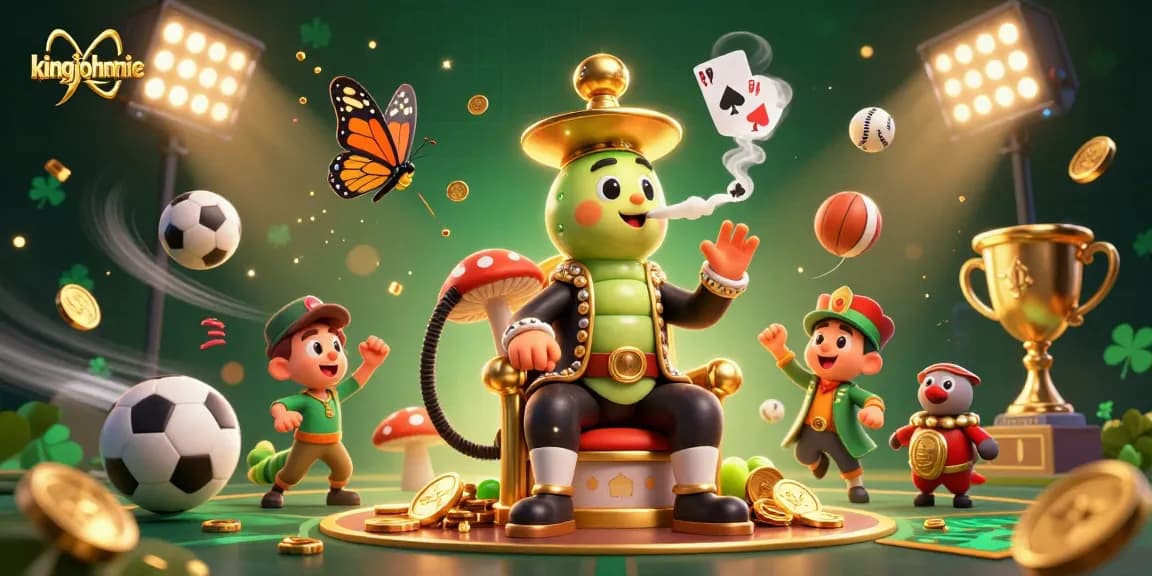 Engage in thrilling bets with kingjohnnie's vibrant 3D illustration of a whimsical casino master and game elements.