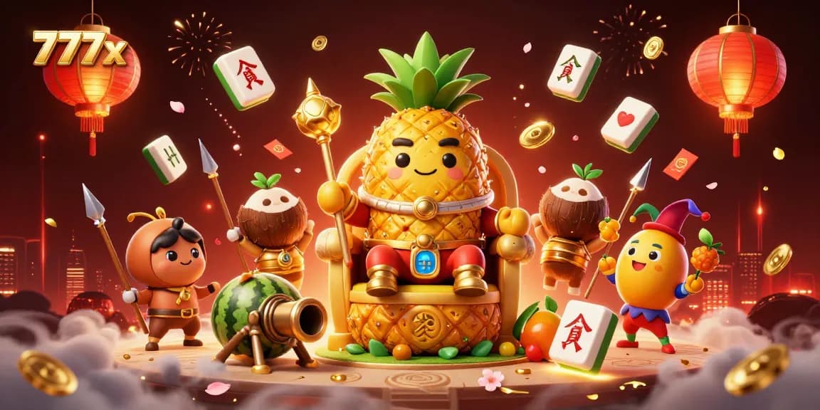 Bet on fun with 777x at an Asian online casino featuring a vibrant scene of a pineapple king and lively companions.