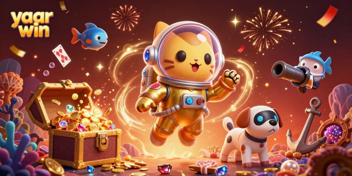 Experience the thrill of yaar win with this vibrant 3D casino gaming scene filled with cosmic characters.