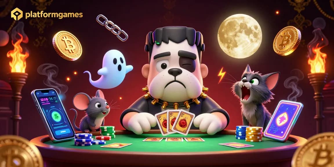Engage with platformgames at a thrilling table where a Frankenstein bulldog deals cards amid glowing cryptocurrency.