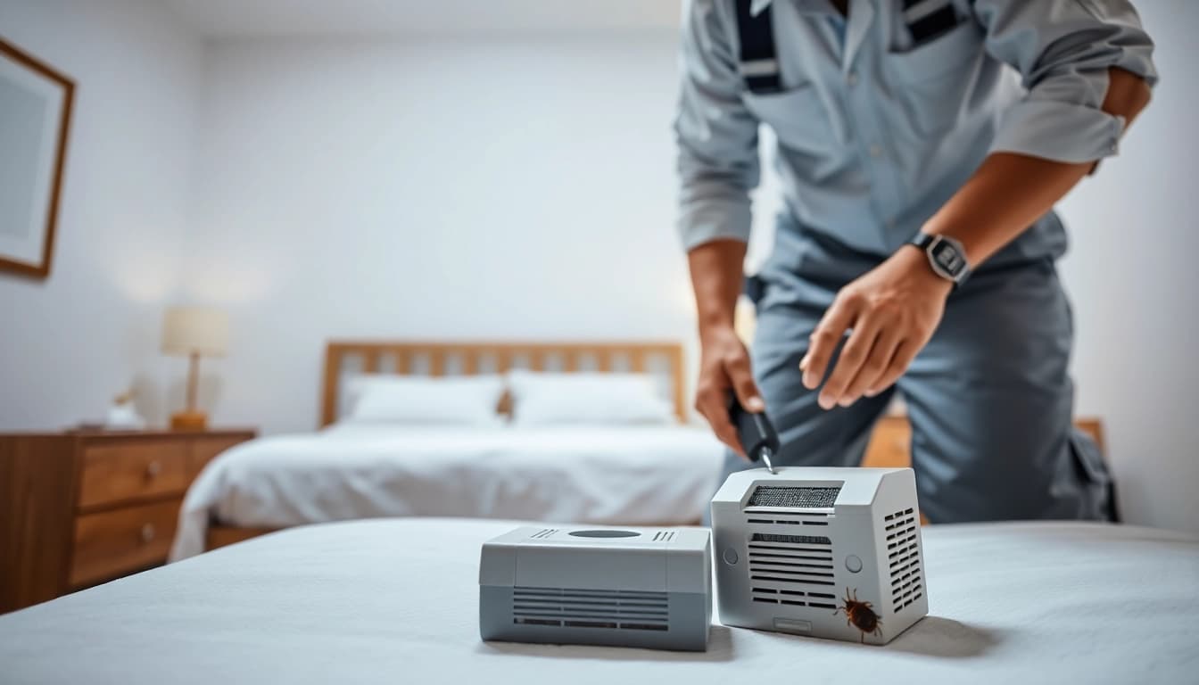 Effective bed bug removal depicted by a pest control technician treating a bedroom.
