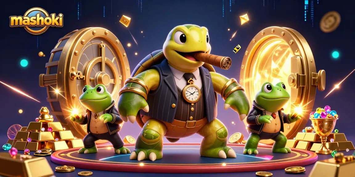 Mashoki showcases thrilling casino energy with a snapping turtle mobster and bullfrog enforcers in a rich 3D illustration.