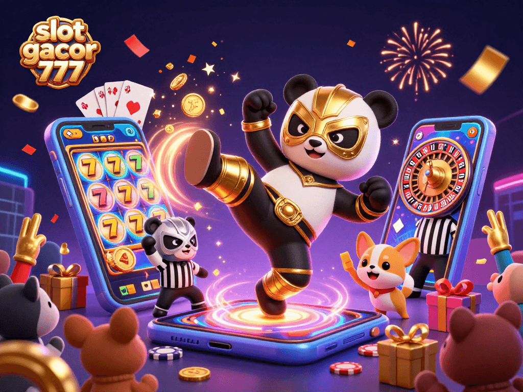 Engage with the excitement of slot gacor 777 featuring a vibrant 3D wrestling scene with colorful slot game elements.