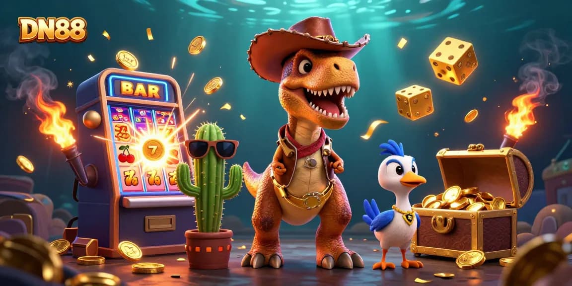 Experience thrilling wins at DN88 with a dynamic 3D casino scene featuring exciting games and characters.