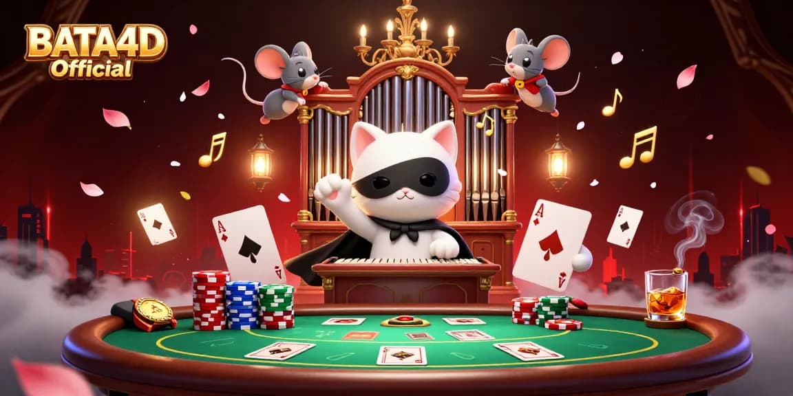 BATA4D Official showcases an exhilarating scene with a phantom cat at an ornate pipe organ, surrounded by vibrant casino elements.