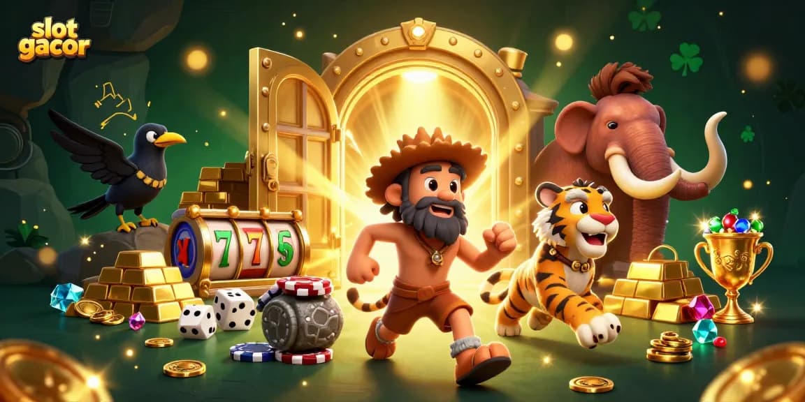 Engage in the slot gacor experience at our vibrant prehistoric casino, featuring a dynamic caveman and sabertooth duo.
