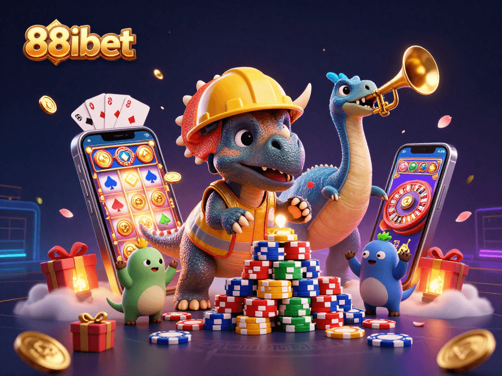 88ibet celebrates with a triceratops and parasaurolophus in a dynamic casino scene.