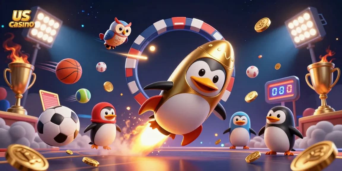 Experience thrilling adventures at us casino with a 3D golden penguin flying past a poker chip space station.