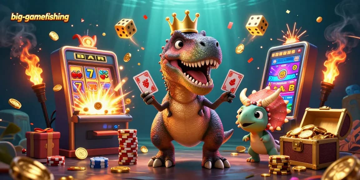 Experience big-gamefishing thrills with a lively T-Rex, playful pterodactyl, and triceratops in action.