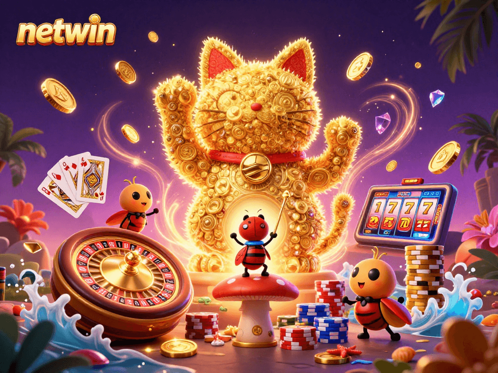 Engage in thrilling activities with netwin, showcasing a vibrant lucky cat and casino symbols in 3D art.