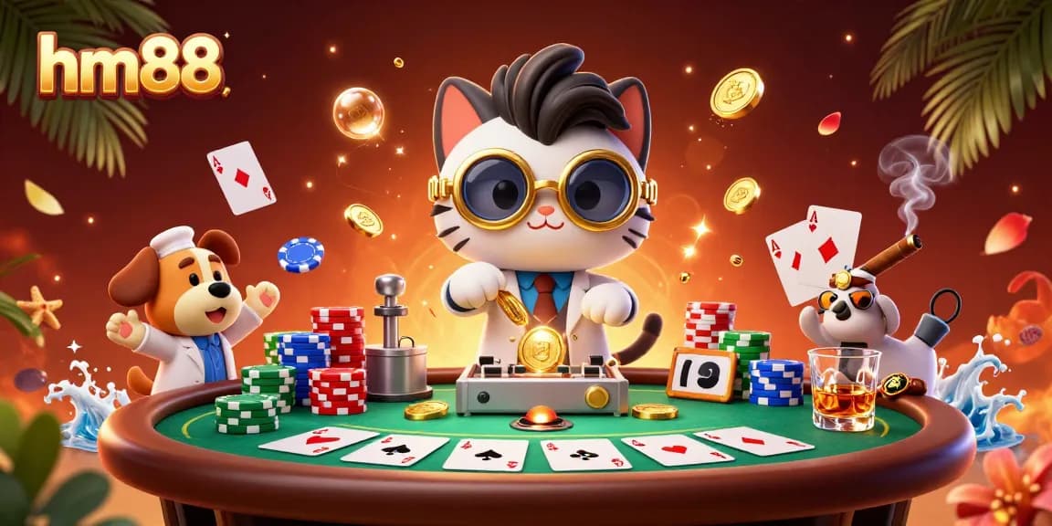 Experience thrilling gaming at hm88 with a lively scene of a mad scientist cat and assistant creating gold coins at a poker table.