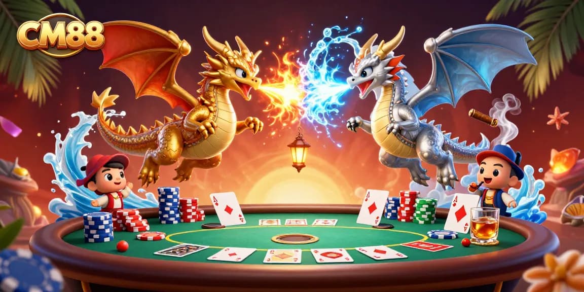 Experience thrilling gameplay with CM88's vibrant dragon illustration, showcasing dynamic poker elements.