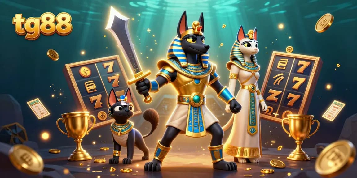 Spin and win with tg88's exciting slots featuring Anubis and Bastet in a vibrant 3D world.