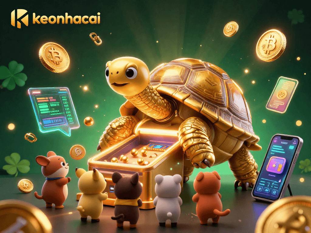 Experience the excitement of keonhacai with a giant tortoise pinball and vibrant crypto elements.