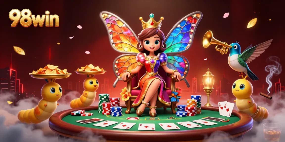 Place bets and win at 98win with an enchanting casino scene showcasing vibrant colors and thrilling activities.