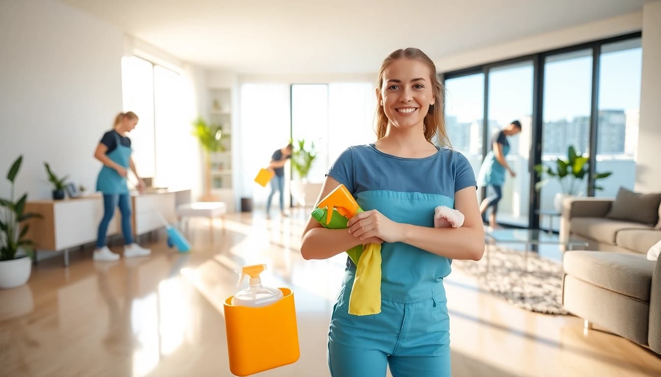 Team performing bond cleaning brisbane in a bright apartment, emphasizing cleanliness and professionalism.