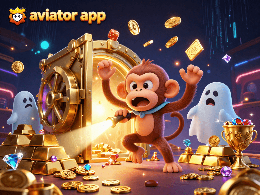 Engage with the aviator app as a playful poltergeist monkey juggles golden treasures in a captivating casino.